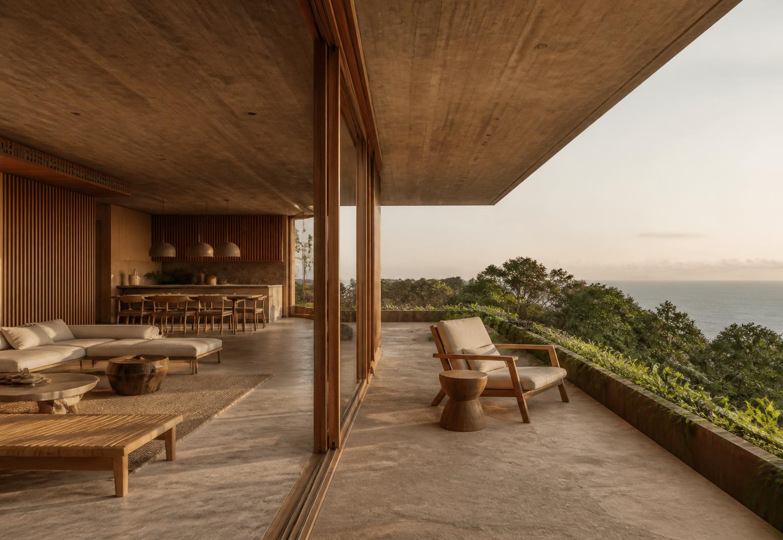 Varanda de residência em concreto e madeira ao entardecer